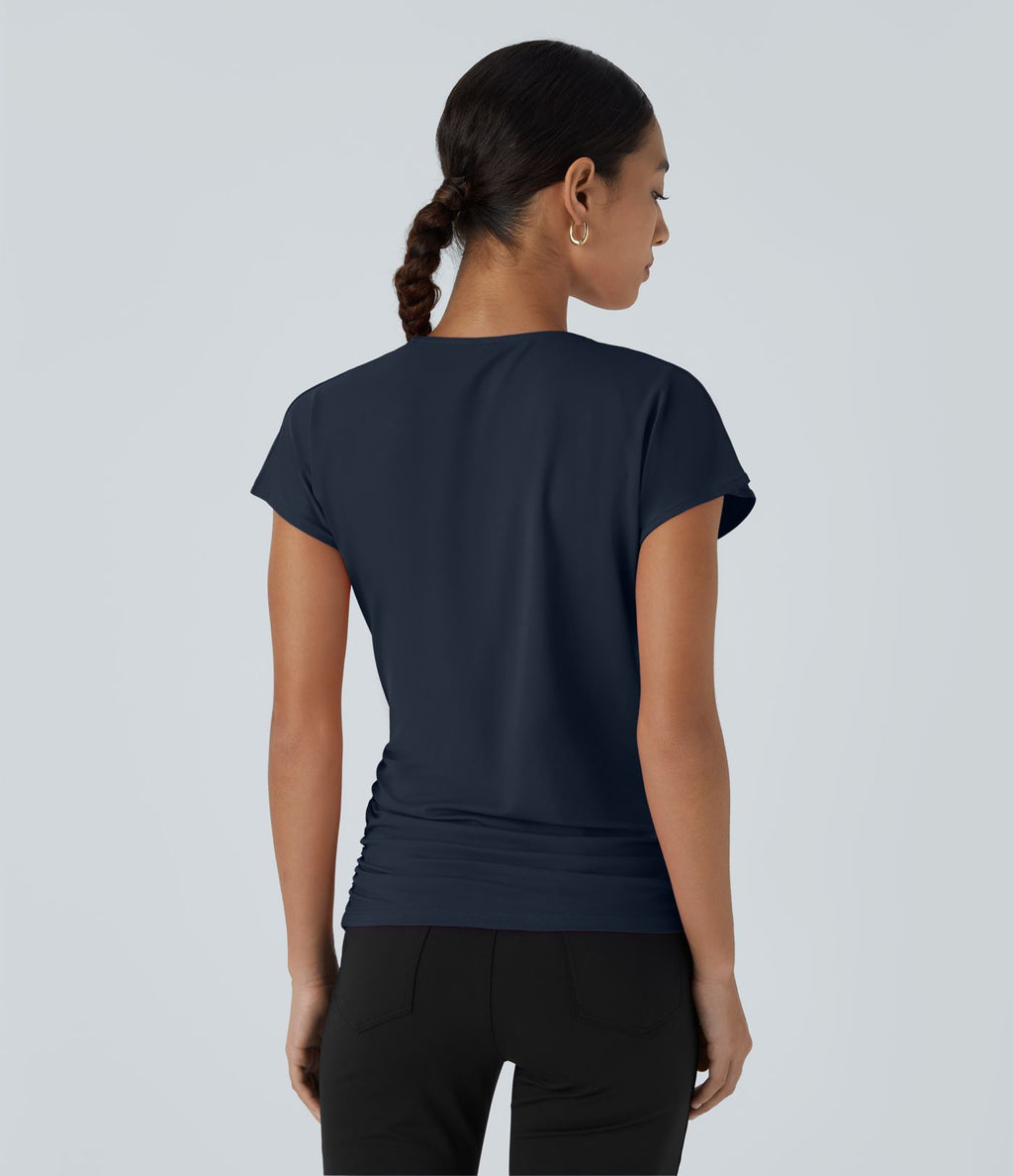 Blouse Travail Unie Froncée Croisée Manches Courtes Col en V