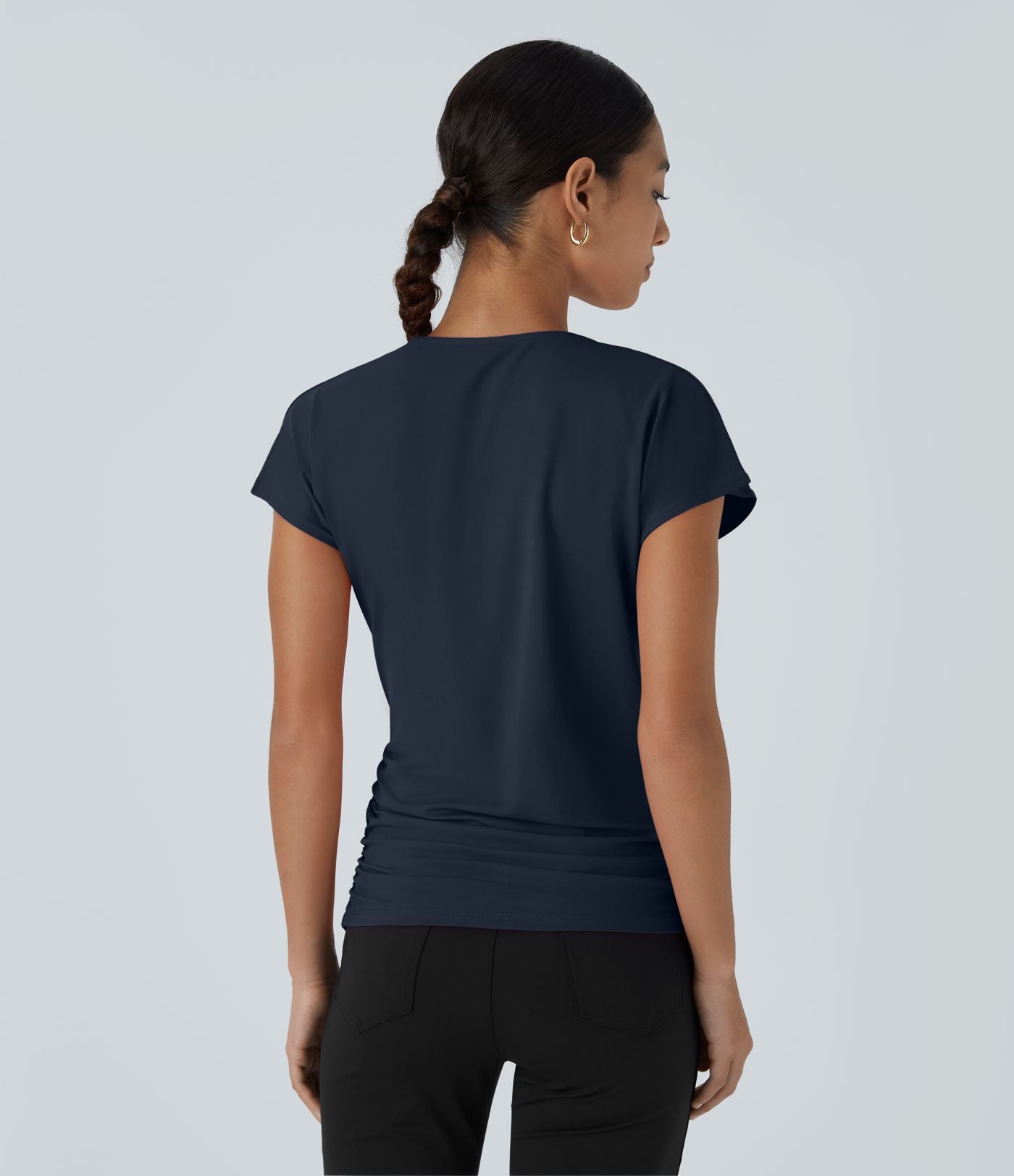 Blouse Travail Unie Froncée Croisée Manches Courtes Col en V