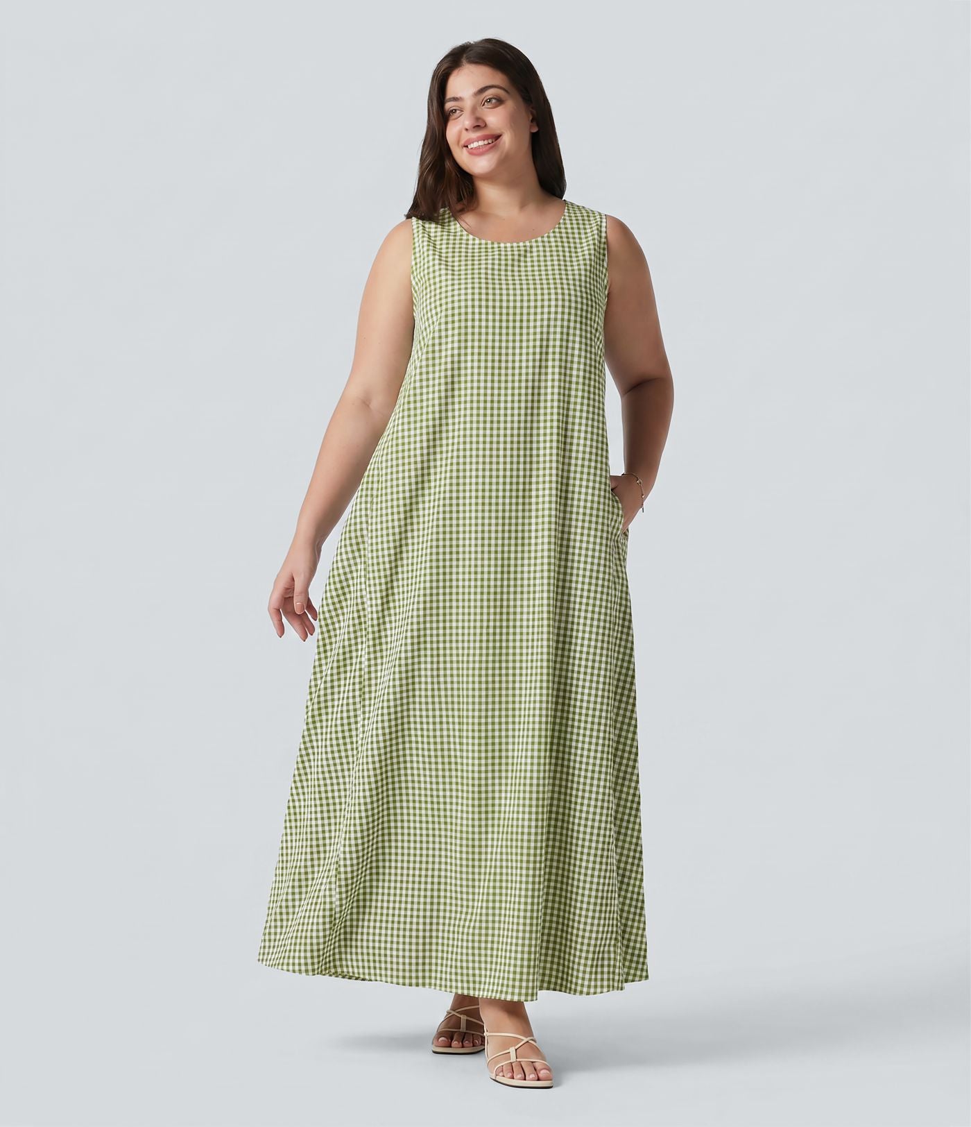 Robe débardeur midi sans manches col rond en vichy froissé grande taille à poches