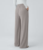 Pantalon taille haute décontracté large en maille gaufrée, avec poches