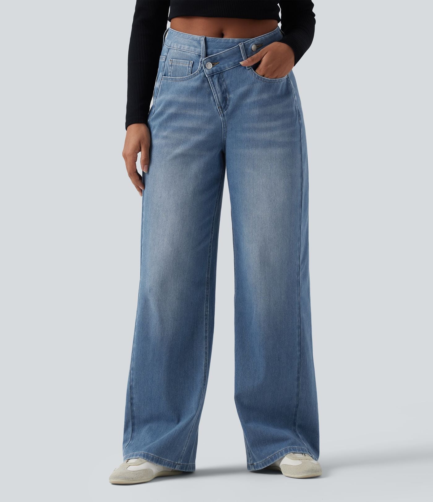 Jean baggy asymétrique Halara Flex™ taille haute effet délavé avec poches