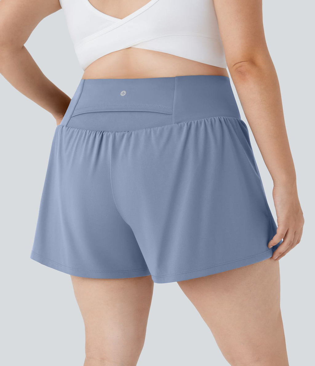 Short Yoga 10cm Plus Longue Taille Ultra Haute 2 en 1 Poche Arrière Poche Cachée Latérale Grande Taille