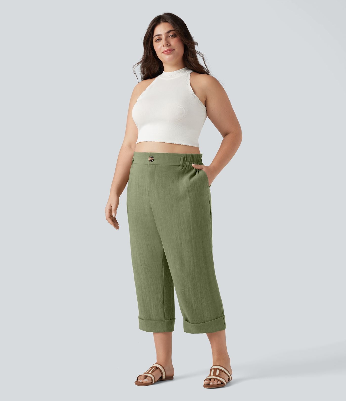 Pantalon de villégiature capri effet lin, grande taille, taille haute, avec poches