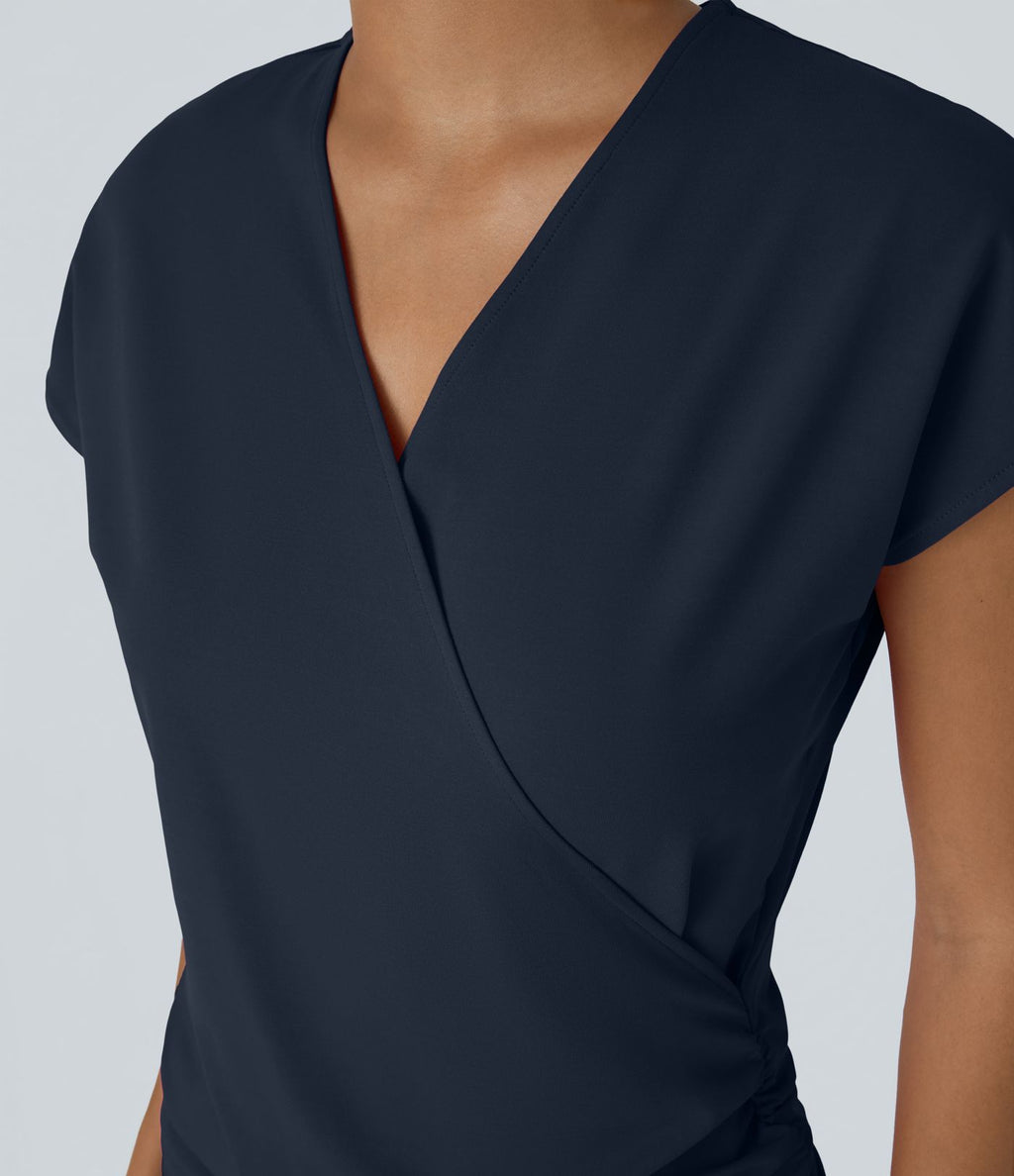 Blouse Travail Unie Froncée Croisée Manches Courtes Col en V