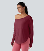 Top de sport yoga une épaule séchage rapide ourlet arrondi asymétrique manches longues avec trous pouces - Brassière intégrée