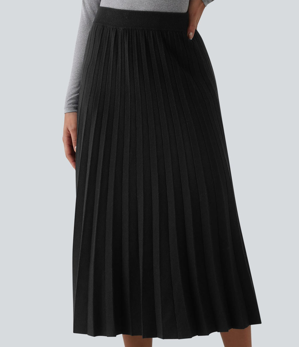 Jupe midi casual en maille plissée taille haute, coupe trapèze