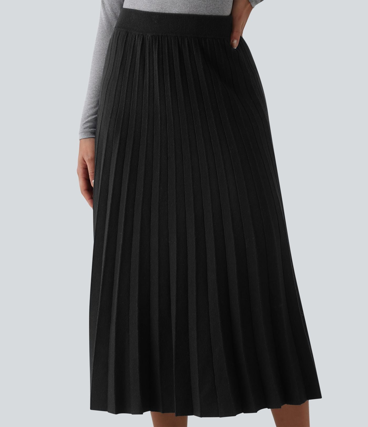 Jupe midi casual en maille plissée taille haute, coupe trapèze