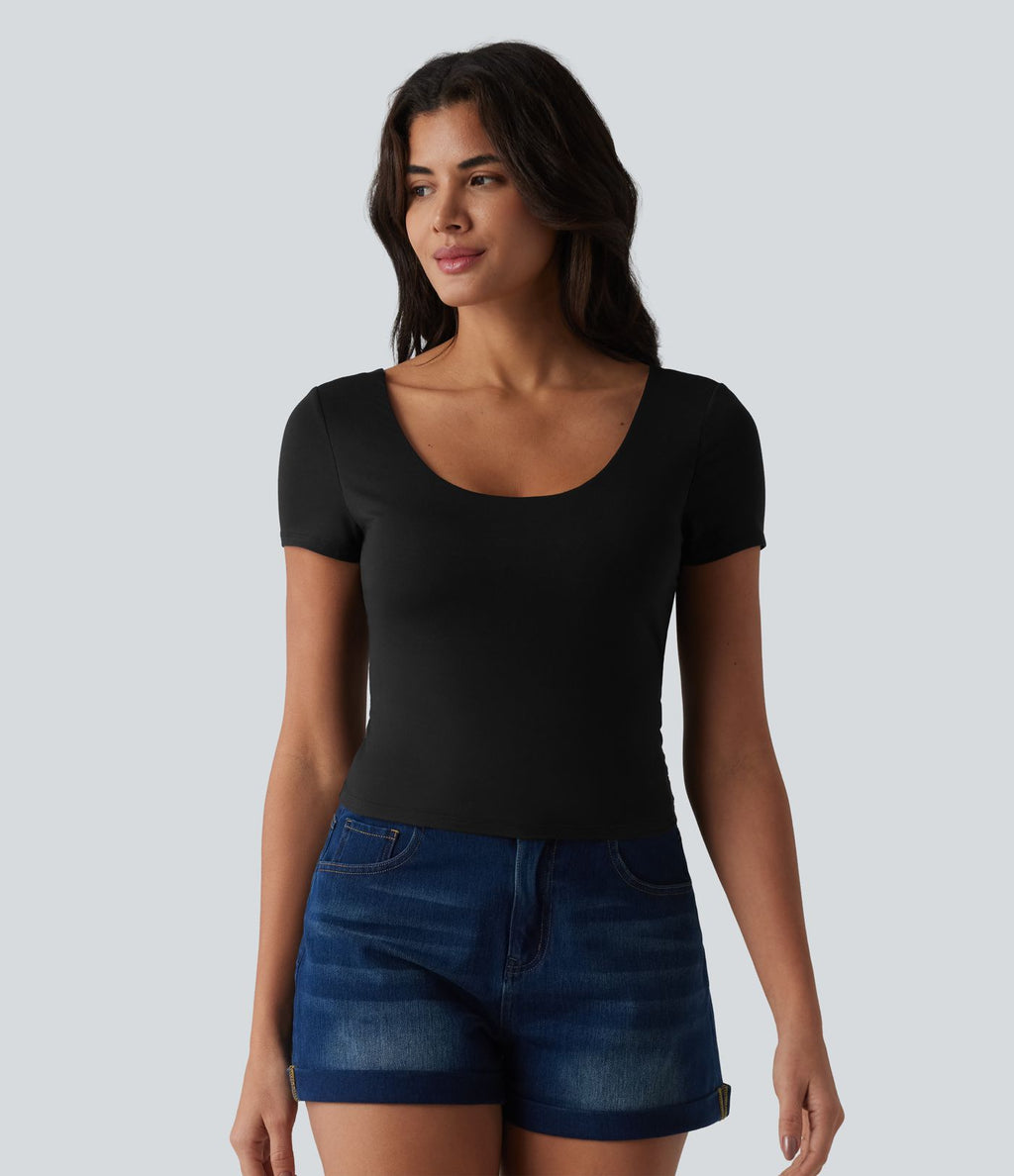 T-shirt casual col U manches courtes avec soutien-gorge intégré, dentelle contrastante et dos à nouer