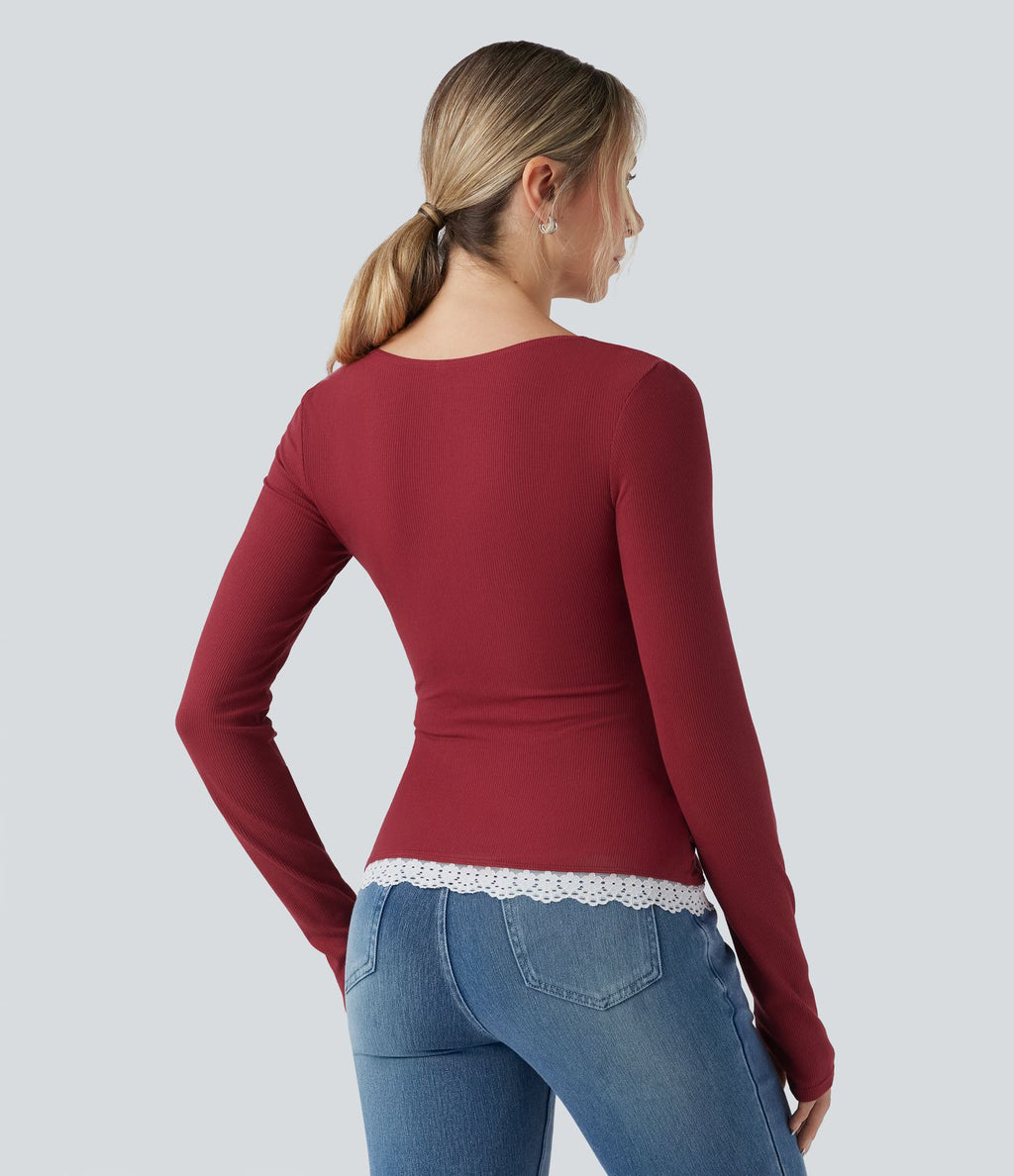 Haut maille côtelée manches longues dentelle contrastante avec passants pouces