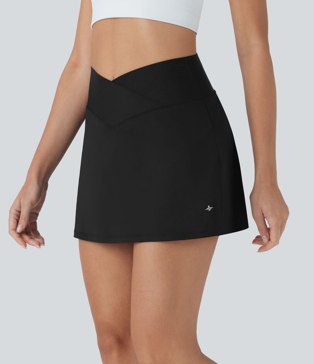 Jupe de tennis mini évasée Softlyzero™ QuickDry taille haute croisée avec short intégré galbant les fesses et poches