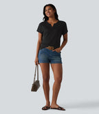 T-shirt casual col V semi-transparent en lyocell manches courtes