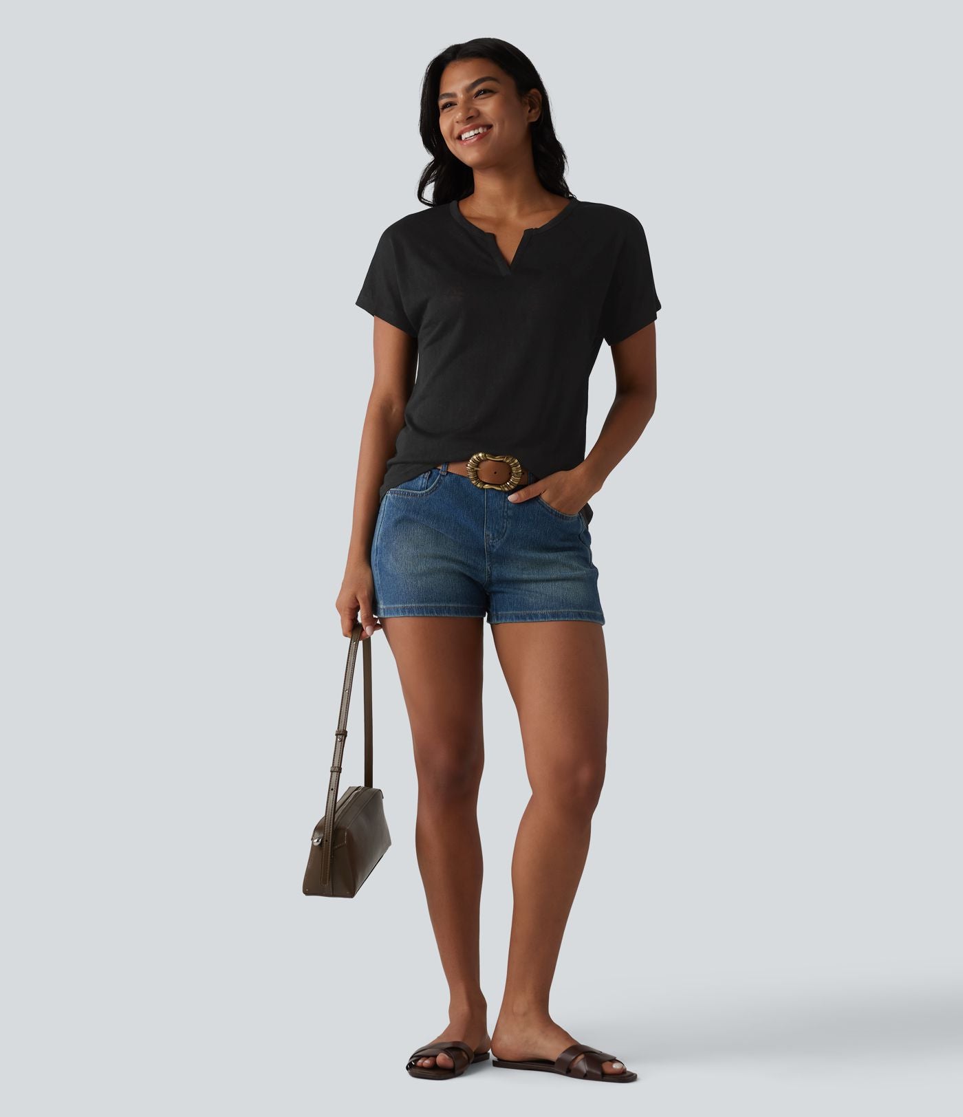 T-shirt casual col V semi-transparent en lyocell manches courtes