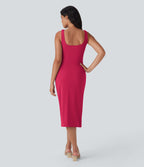 Robe moulante mi-longue SoftlyZero™ Airy col carré corset froncée effet frais InstantCool, bonnets E-G