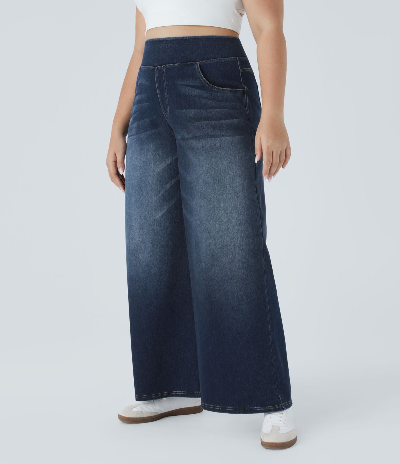 Halara Flex™ Jeans Larges Casual Taille Haute Multiples Poches Lavés Élastiques et Tricotés Grande Taille