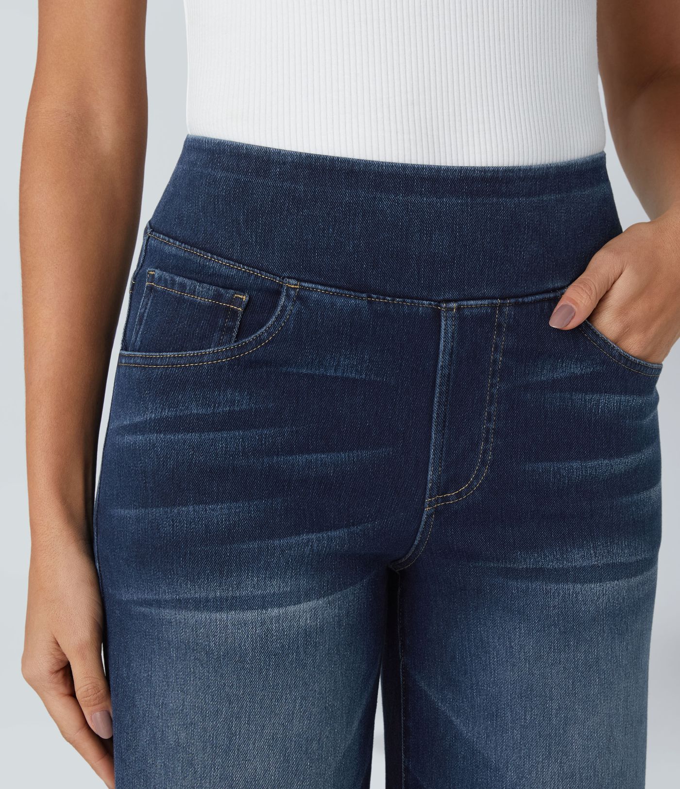 Halara Flex™ Jean Large Casual Taille Haute Poches Multiples Tricot Extensible Délavé