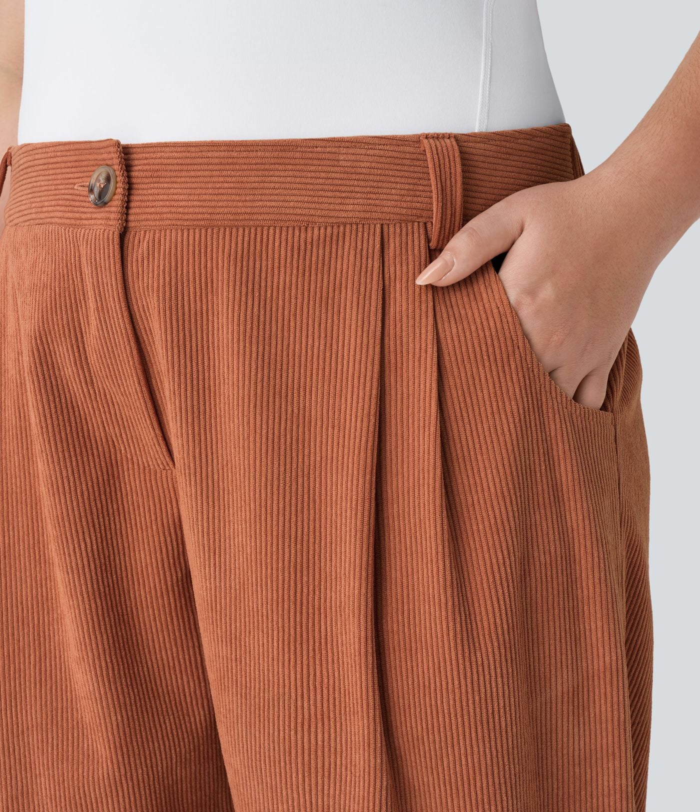 Pantalon Casual Grande Taille Velours Côtelé Taille Mi-haute Boutonnés Fermeture Éclair Poches Latérales