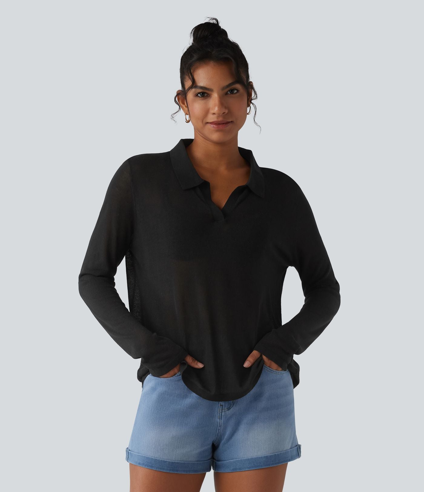 Pull casual en lyocell et lin à col polo et manches longues