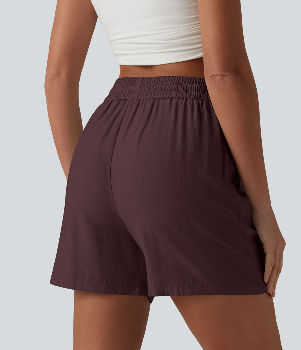 Short décontracté ample en lin mélangé taille haute avec cordon de serrage, 12,5 cm, et poches