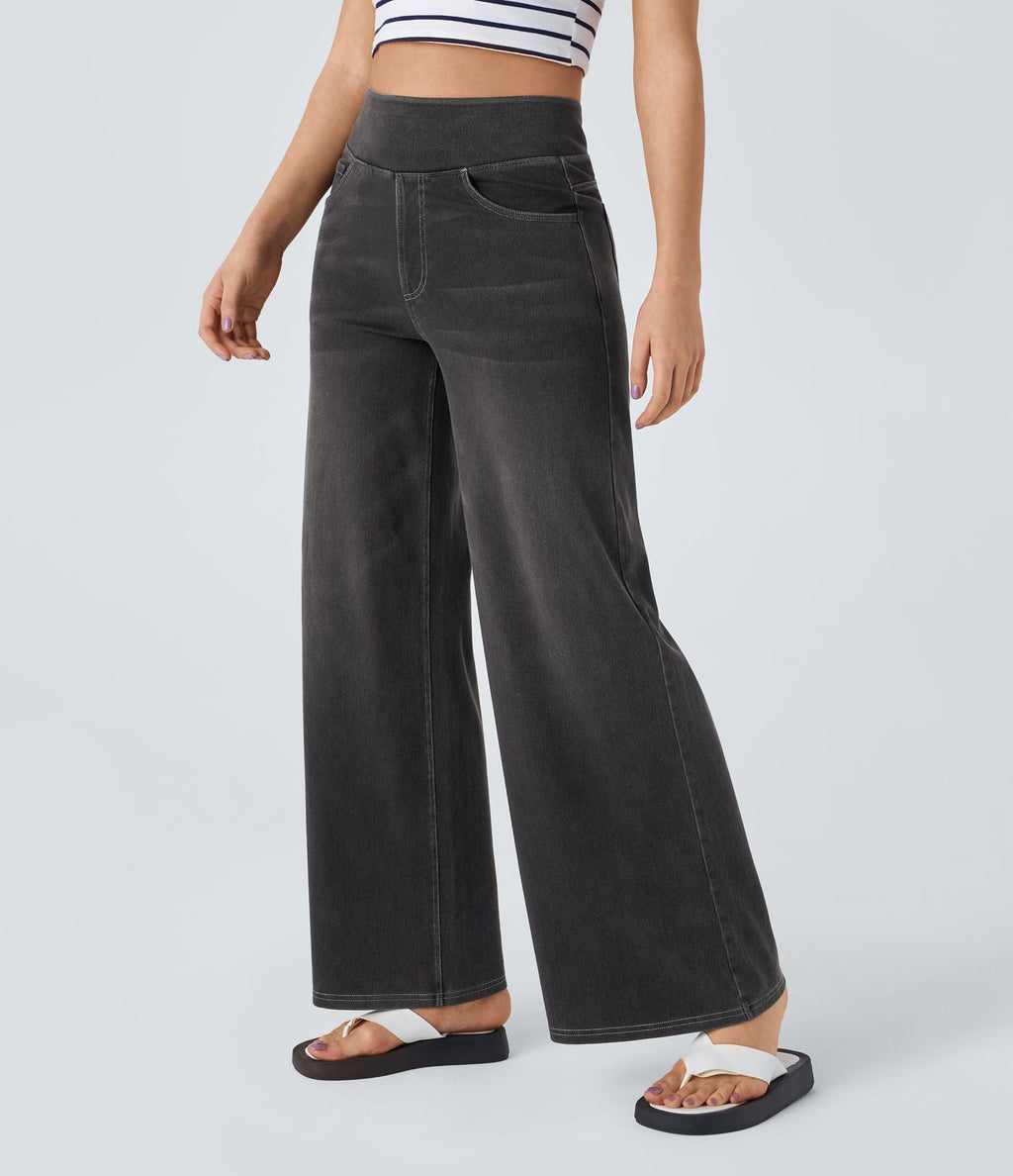 Halara Flex™ Jean Large Casual Taille Haute Poches Multiples Tricot Extensible Délavé