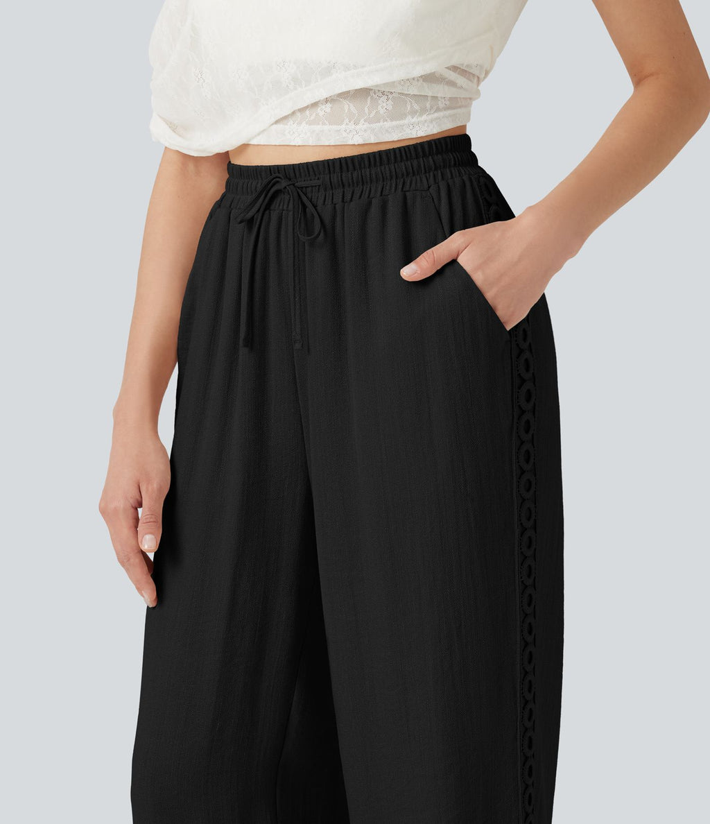 Pantalon décontracté taille haute à cordon de serrage, effet lin, avec poches