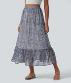 Jupe mi-longue fluide casual imprimé floral taille haute avec poches