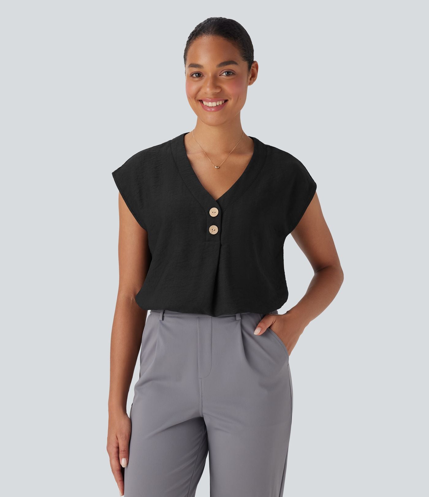 Blouse de Travail Col V Manches Courtes avec Boutons Décoratifs