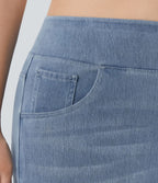 Halara Flex™ Jeans Larges Casual Taille Haute Multiples Poches Lavés Élastiques et Tricotés Grande Taille