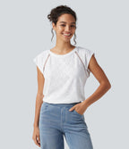 Blouse décontractée à col rond, mancherons, découpes et lien au dos