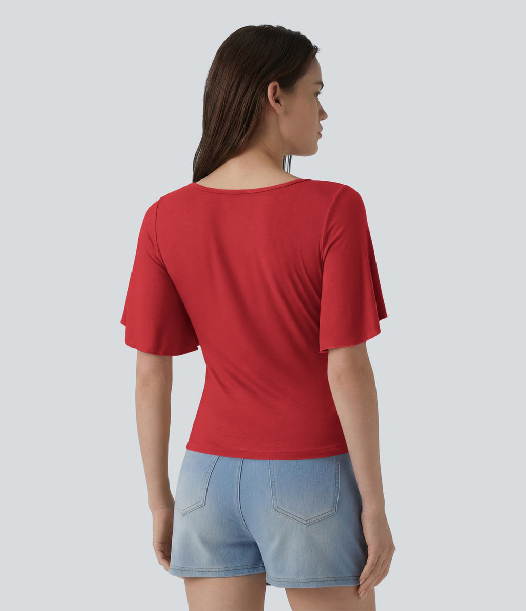 T-shirt décontracté maille côtelée col carré manches papillon froncé