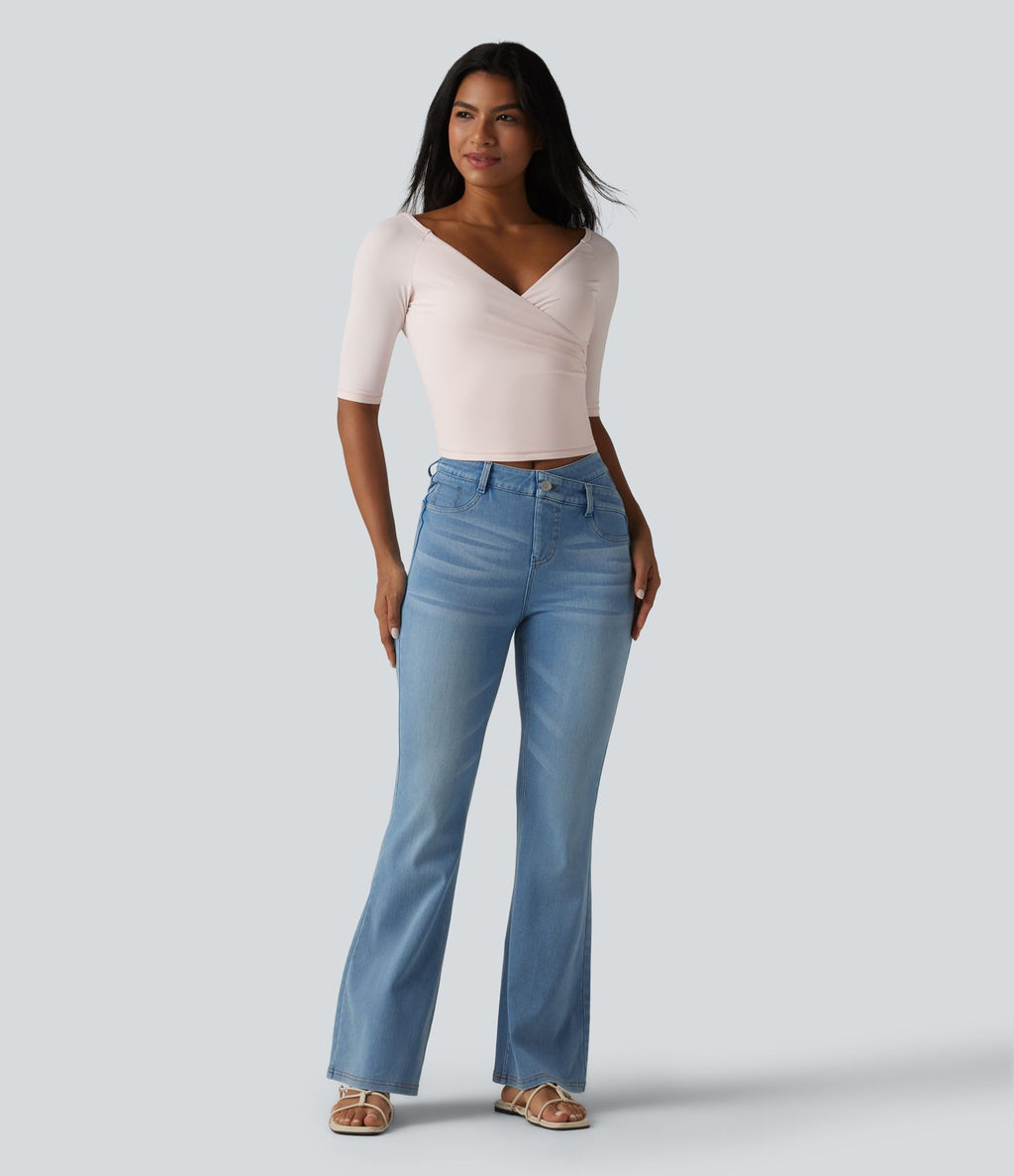 Haut décontracté col V croisé manches mi-longues coupe ultra-ajustée effet frais InstantCool, protection solaire UPF50+