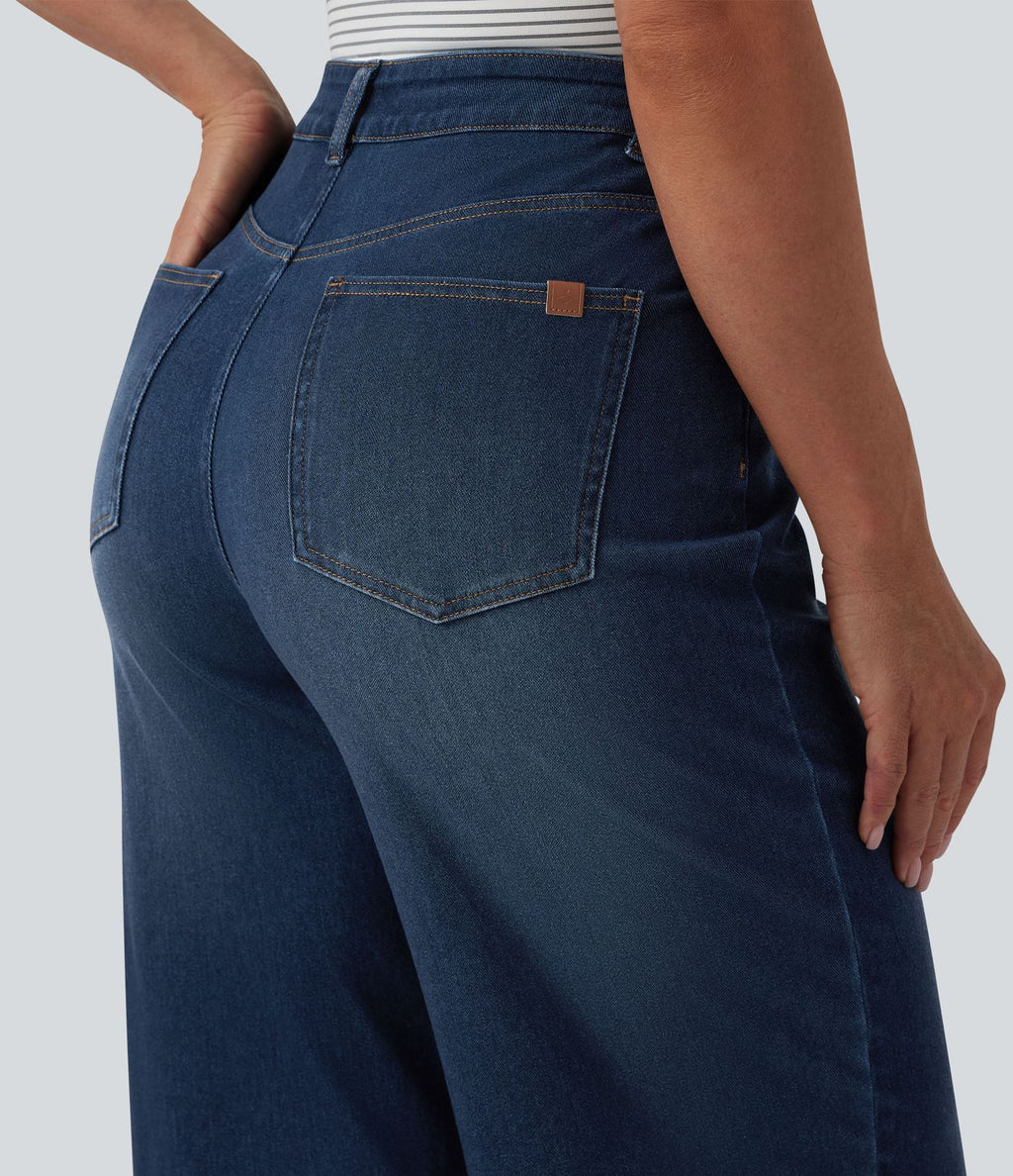 Halara Flex™ Jean large casual raccourci taille haute en lyocell drapé, avec poches