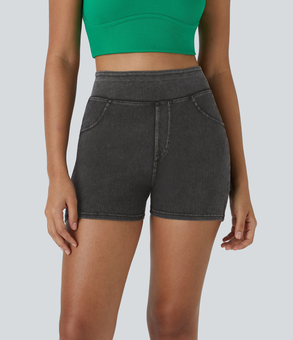 Halara Flex™ Shorts 7,5cm Casual en Denim Tricot Extensible Taille Haute Avec Poches Latérales Arrière