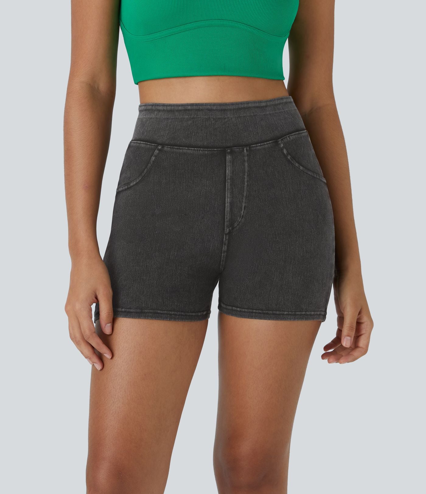 Halara Flex™ Shorts 7,5cm Casual en Denim Tricot Extensible Taille Haute Avec Poches Latérales Arrière