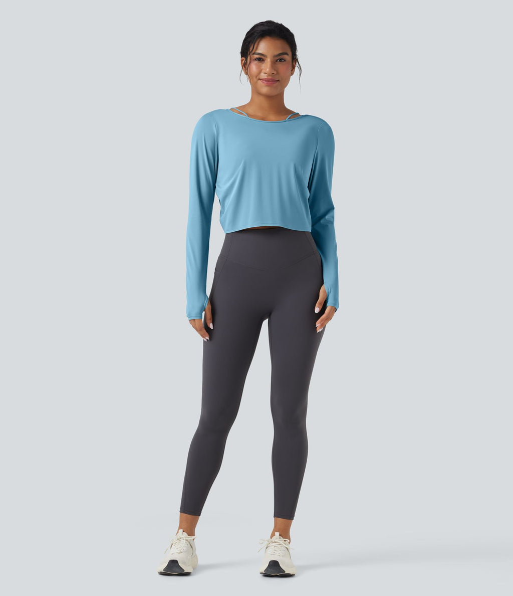Top de sport yoga SoftlyZero™ QuickDry 2-en-1 dos nu torsadé manches longues avec trous pouces
