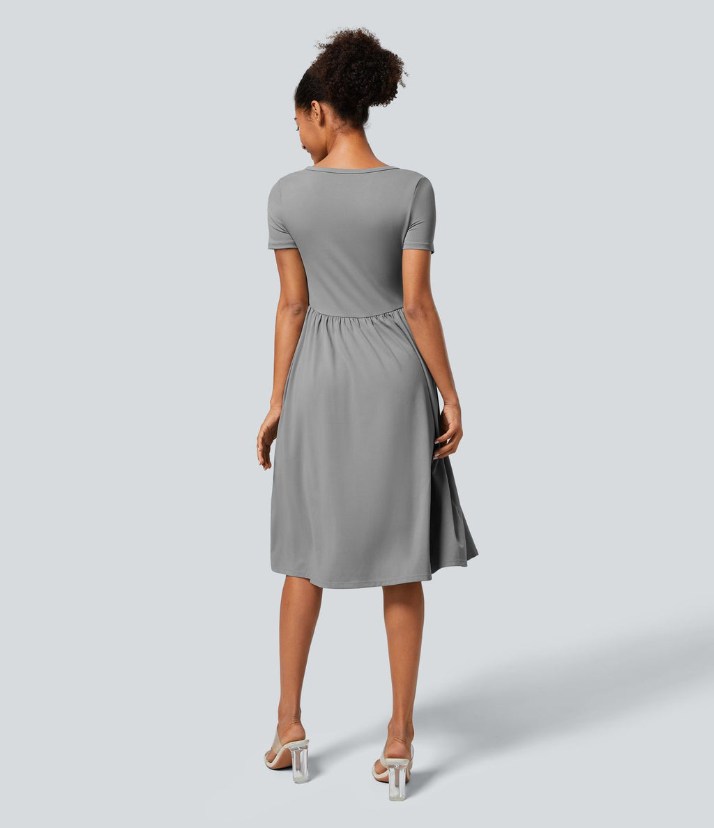 Robe Casual Midi Col en V Boutons Décoratifs Manches Courtes Poches Latérales et Plis