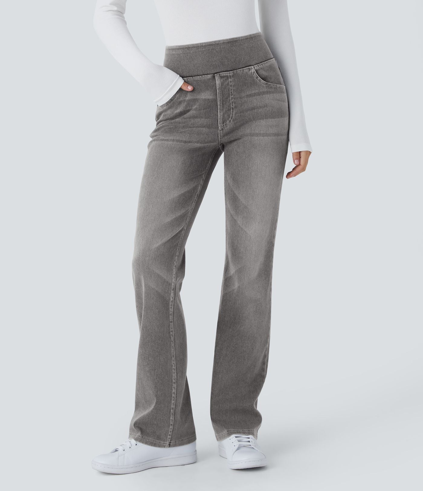 Halara Flex™ Jean bootcut décontracté extensible délavé taille haute à poches multiples