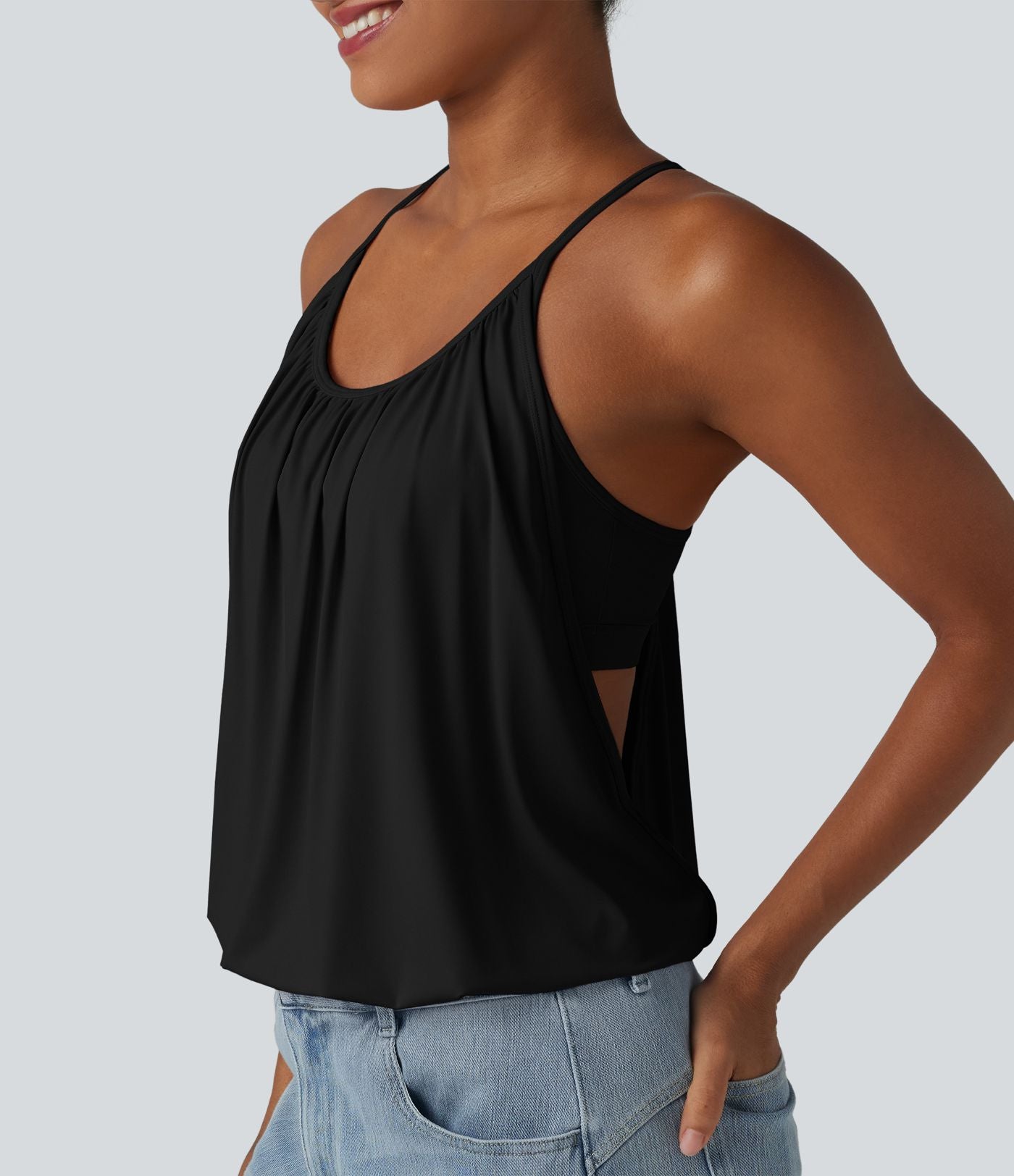 Débardeur décontracté col U froncé 2-en-1 avec brassière intégrée effet frais InstantCool séchage rapide, protection solaire UPF50+