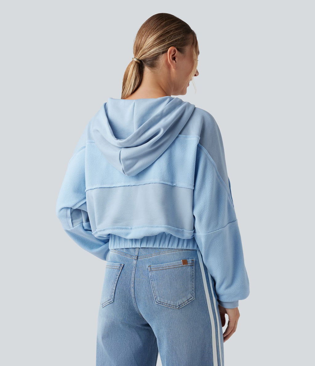 Sweat-shirt de sport patchwork à capuche avec cordon de serrage et manches longues