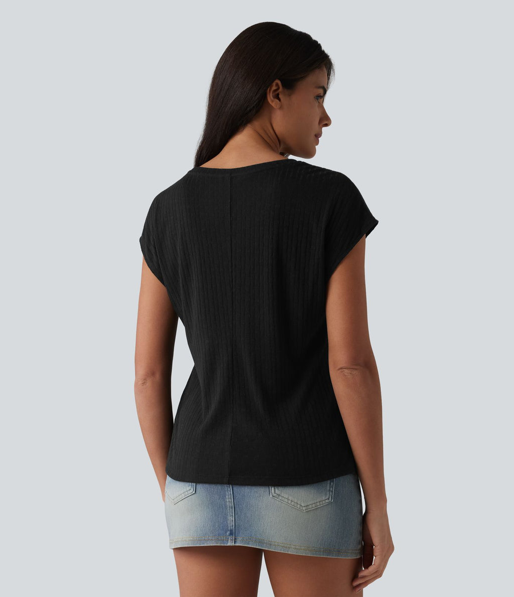 T-shirt casual jacquard col V à manches courtes