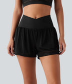 Short de yoga 2-en-1 SoftlyZero™ QuickDry taille haute croisée avec broderie anglaise et poches, 7,5 cm