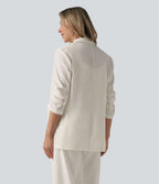 Blazer à manches 3/4 froncées, aspect lin, avec poches, idéal pour le bureau
