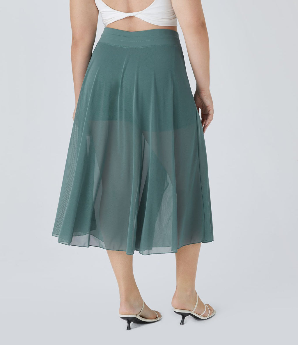 Jupe Taille Haute 2 En 1 En Maille Contrastée Avec Cordon De Serrage Et Poche Latérale Fluide Evasée Casual Grande Taille