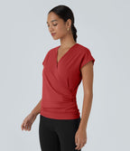 Blouse Travail Unie Froncée Croisée Manches Courtes Col en V