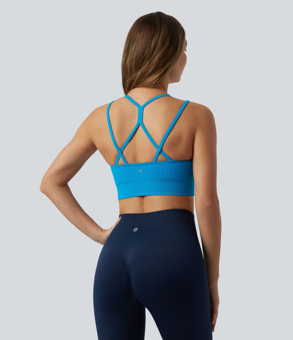 Brassière de sport yoga OneForm sans couture Flow maintien léger col V dos croisé ouvert avec soutien-gorge intégré, coupe cropped