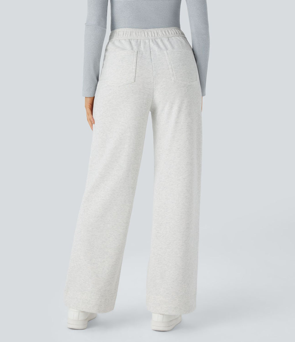 Pantalon Jogging en Fleece Thermique Jambe Droite Boutons Taille Haute Plusieurs Poches
