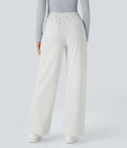Pantalon Jogging en Fleece Thermique Jambe Droite Boutons Taille Haute Plusieurs Poches