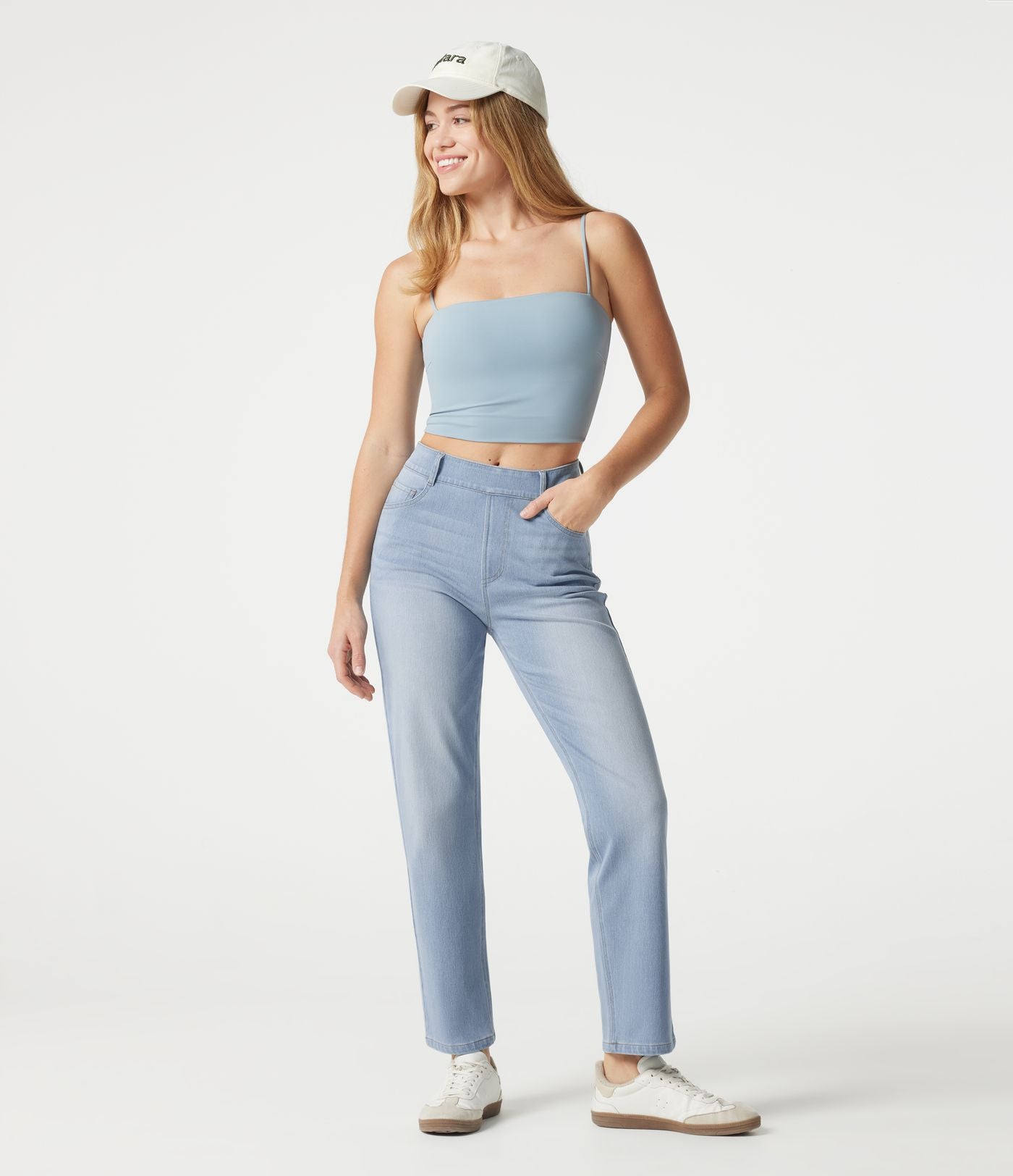 Jean droit Halara Flex™ à taille haute, poches multiples, effet délavé et tissu extensible