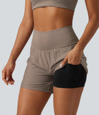Short de yoga 2-en-1 à rayures, taille très haute, 12,5 cm, à poches