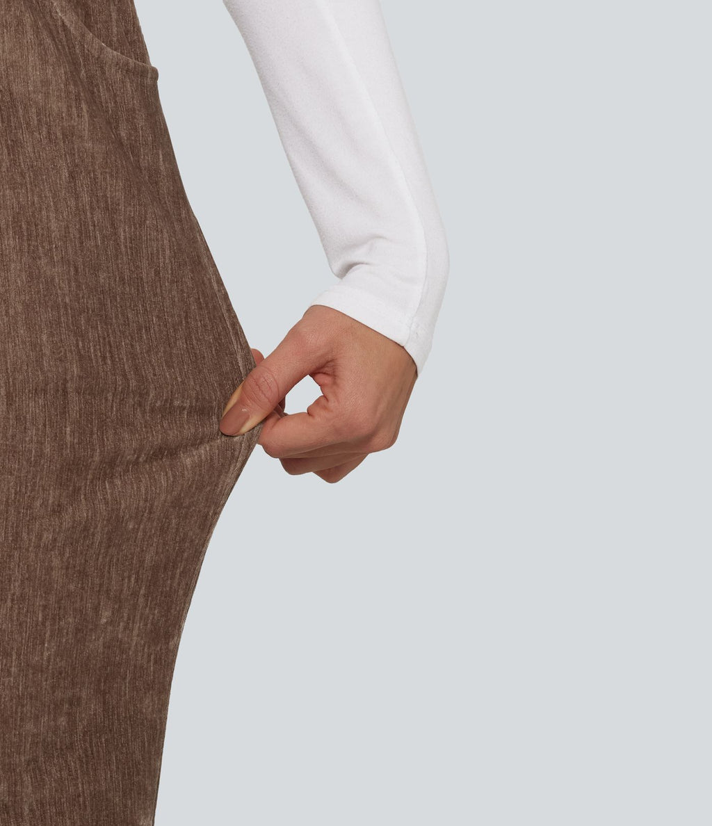 Pantalon de détente évasé en velours taille haute avec cordon de serrage et poches