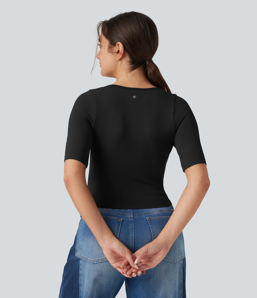 Haut de sport yoga OneForm sans couture Flow col rond échancré manches courtes